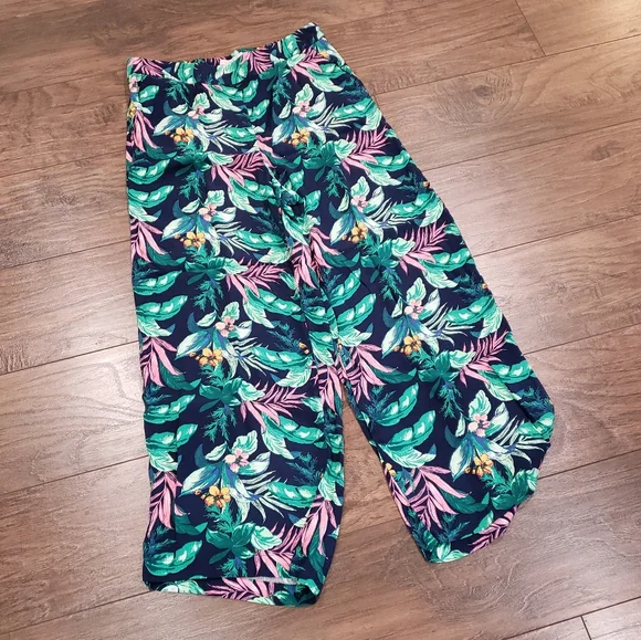 LOFT Linen Blend Pull-On Wide Leg Palazzo Pants Size M Navy Pink Green Pโฆ - Picture 2 of 13